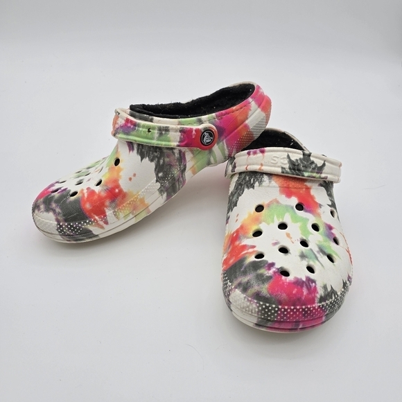 CROCS Shoes - Crocs Sandal Women 10 White Tie Dye Rainbow Splatter Faux Fur Lined Winter